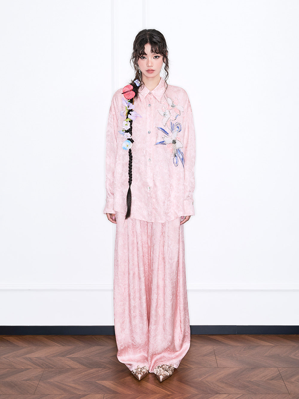 MUKZIN“Realm of Ethereal Mist”Pink Jacquard Draped Wide - Leg Pants