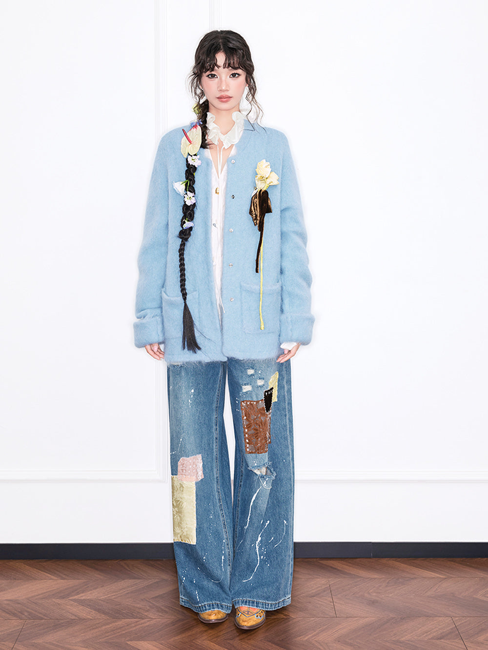 MUKZIN“Realm of Ethereal Mist”Light Blue Fuzzy Cardigan with Floral Decoration
