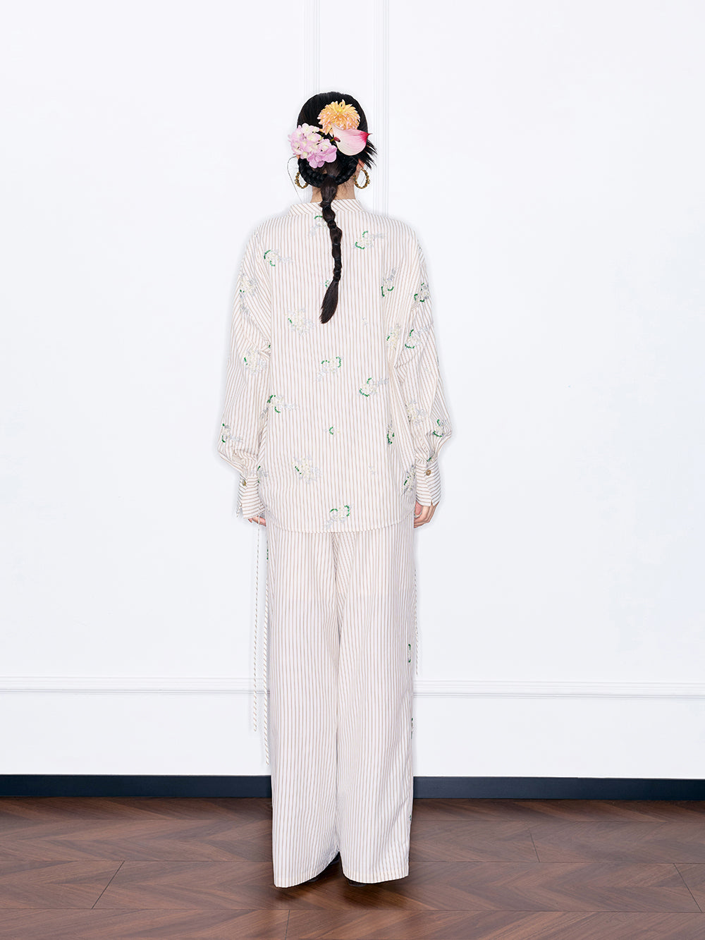 MUKZIN“Night Ballad of Chang'an”Striped Floral Embroidered Tie-Neck Blouse | Oriental-Inspired Long Sleeve Shirt