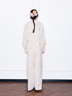 MUKZIN“Night Ballad of Chang'an”Striped Floral Embroidered Tie-Neck Blouse | Oriental-Inspired Long Sleeve Shirt