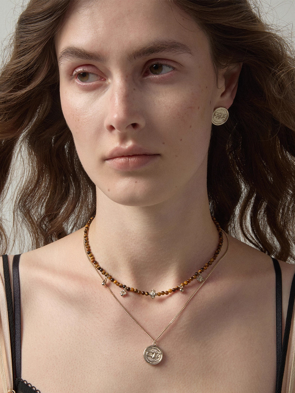 MUKTANK×SUN HUNTER Coin Tiger Eye Double Layer Necklace