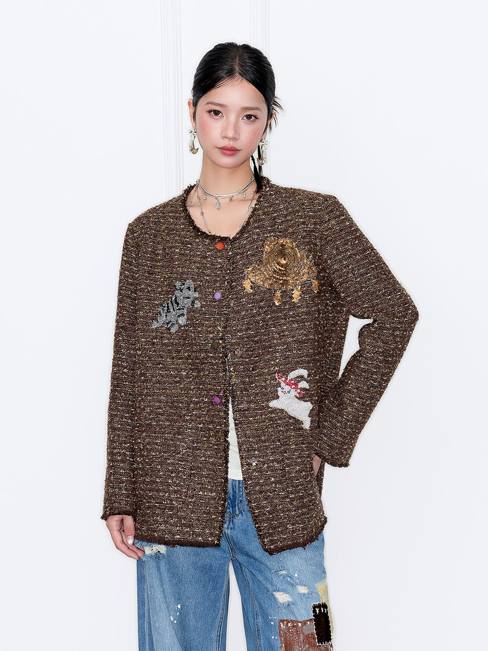 MUKZIN“Capsule Collection”Vintage Bouclé Jacket with 3D Appliqué - Round Neck Loose Fit