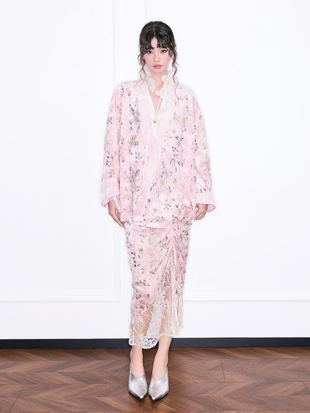 MUKZIN“Realm of Ethereal Mist”Pink Floral Jacquard Loose Cardigan