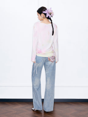 MUKZIN“Night Ballad of Chang'an”Grape & Goblet Watercolor Print Long Sleeve Top | Artistic Tie-Dye Tee