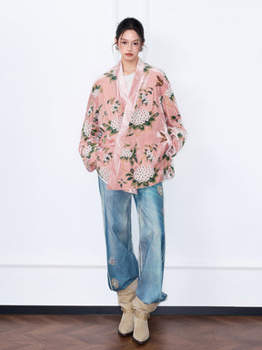 MUKZIN“The Sequence of Deer's Call”Pink Velvet Chinese-Style Floral Embroidery Loose Casual Outerwear