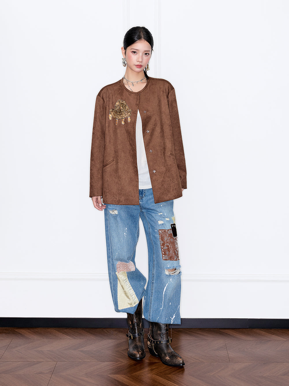 MUKZIN“Capsule Collection”Brown Suede-like Round Neck Jacket with Embroidered Accents - Loose Fit