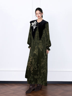 MUKZIN“Capsule Collection”Luxury Velvet Paneled Floral Print Maxi Dress
