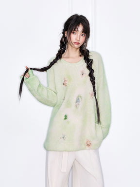 MUKZIN“The Sequence of Deer's Call”Pink/Green Halo Tie-Dye Distressed Decor Oversized Fuzzy Knit Sweater