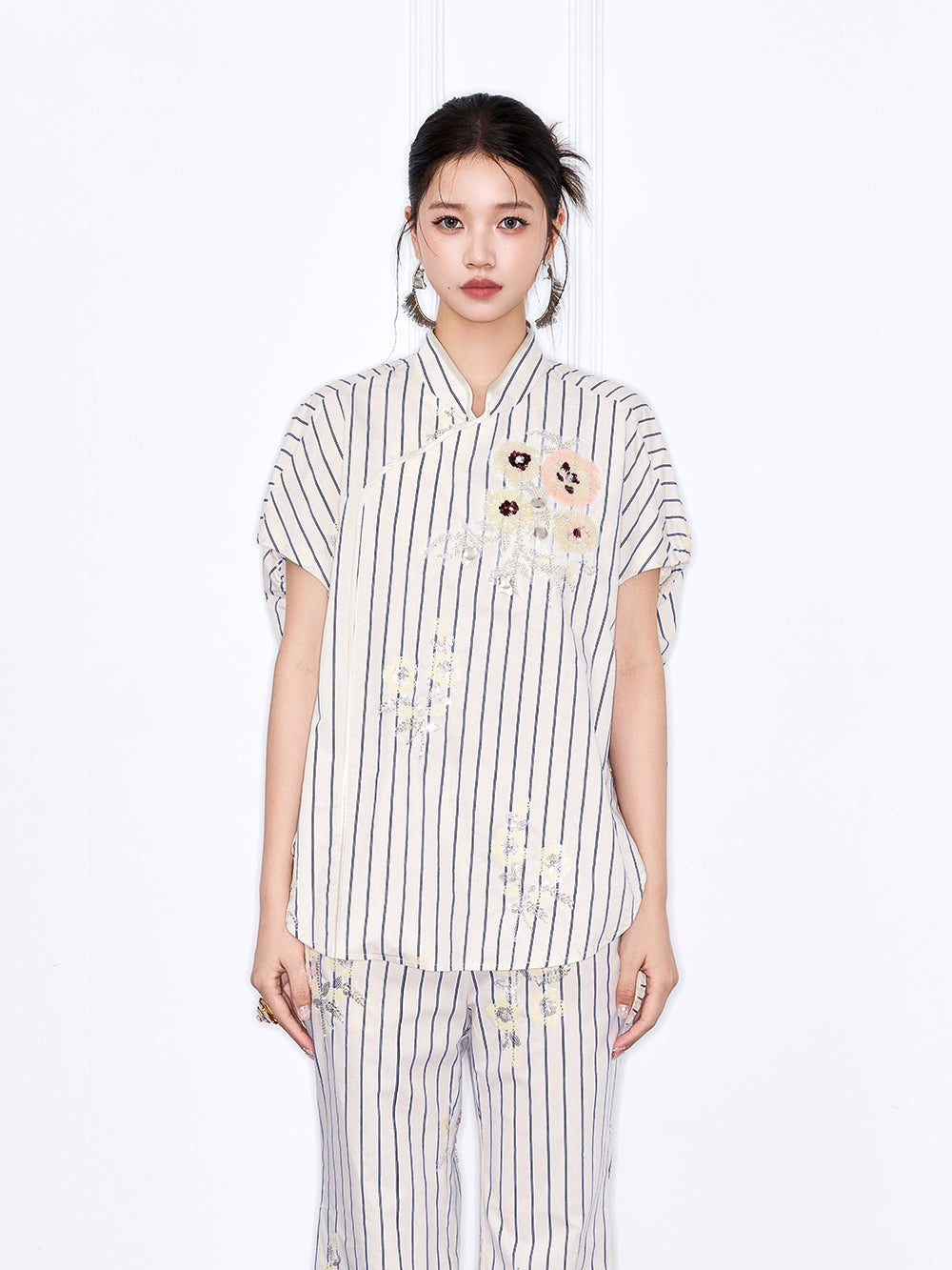 MUKZIN "Night Ballad of Chang'an" New Chinese Style Stand Collar Short-Sleeve Top with Stripes & Floral Embroidery