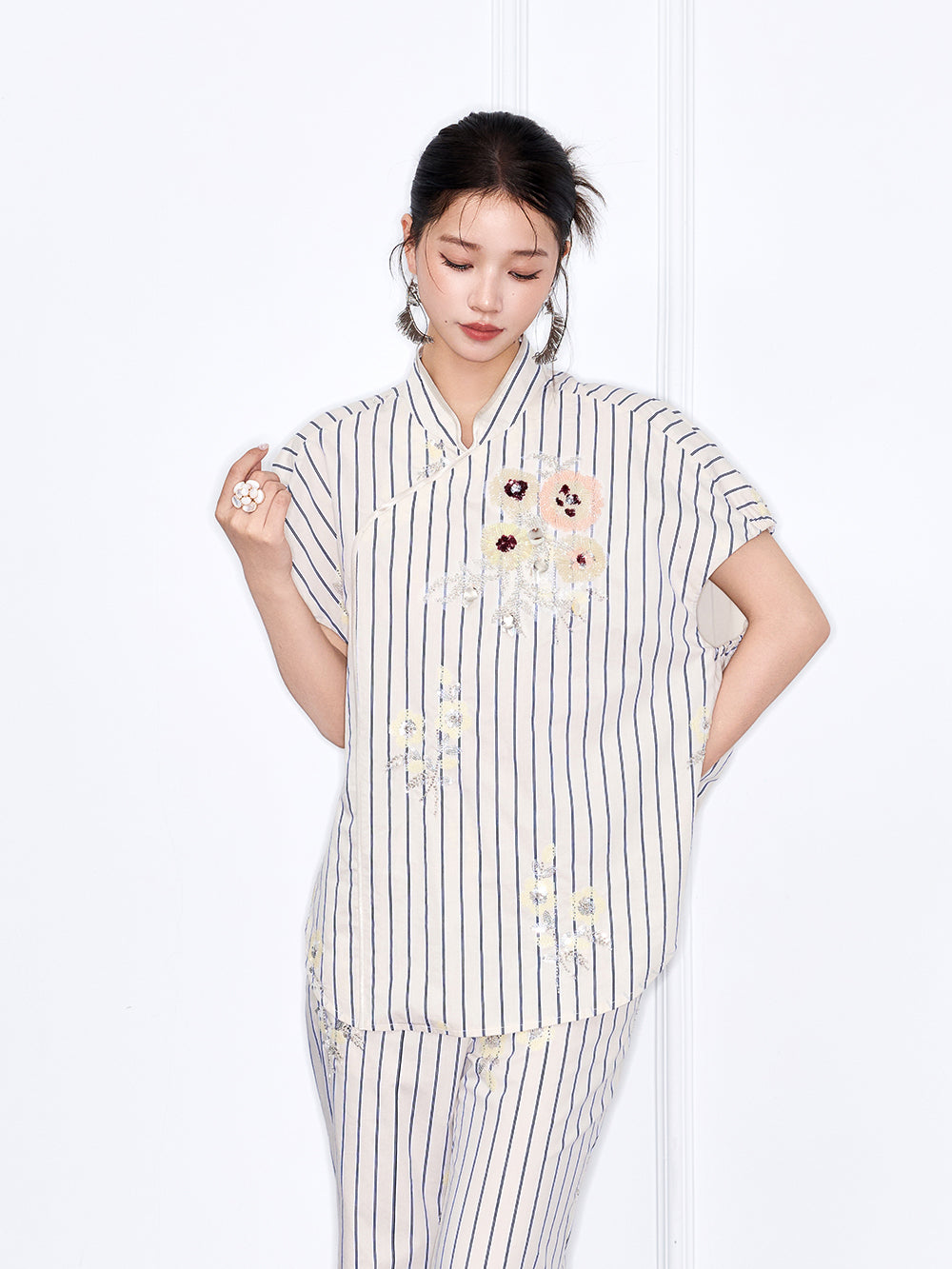 MUKZIN "Night Ballad of Chang'an" New Chinese Style Stand Collar Short-Sleeve Top with Stripes & Floral Embroidery