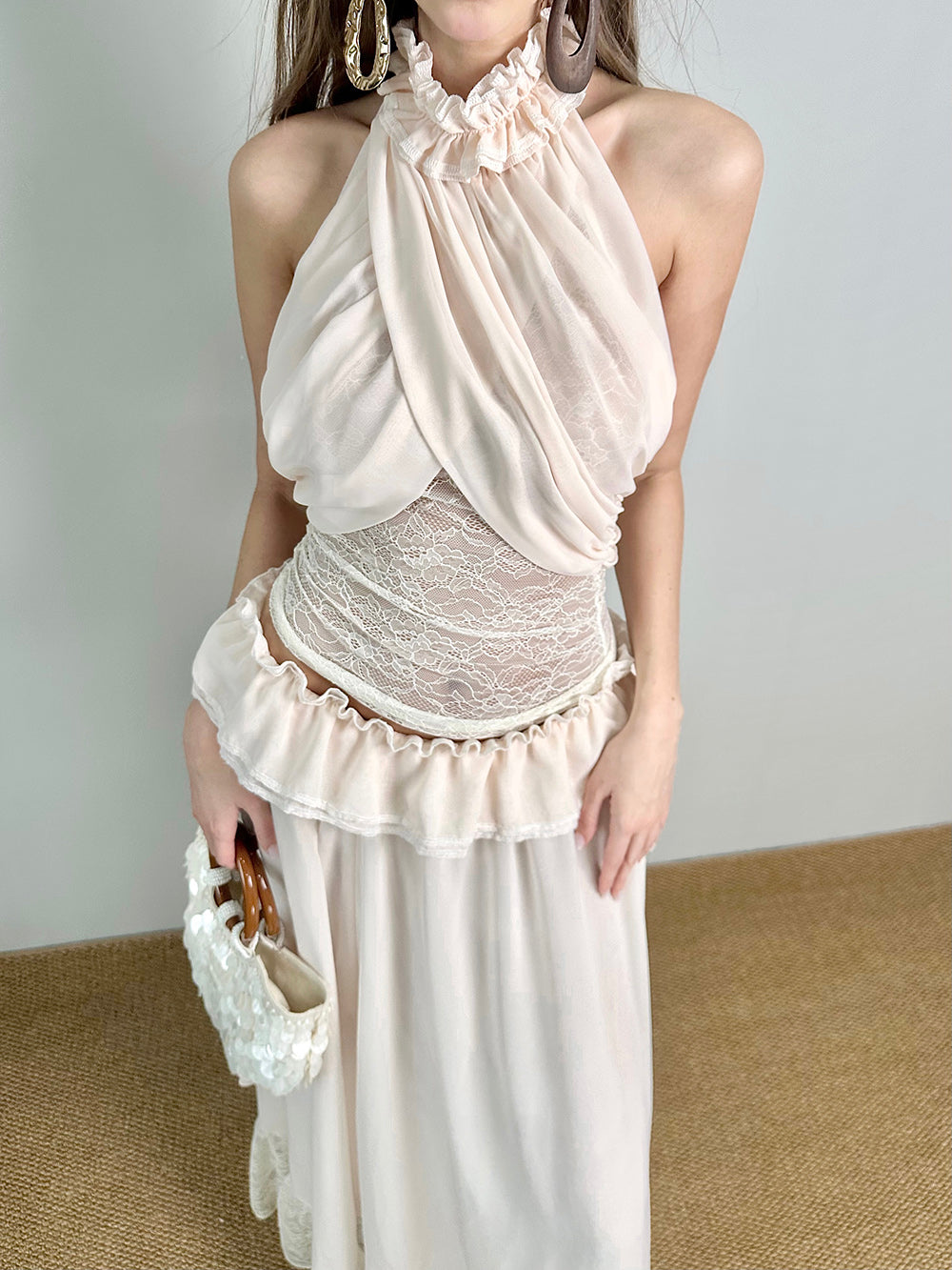 MUKTANK×Jqwention Vintage French Halter Ruffle Slim Two Piece Top