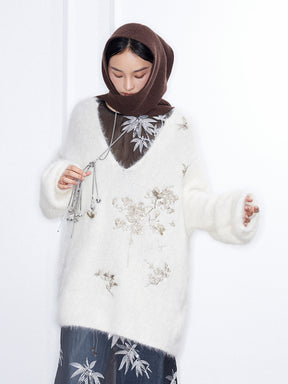 MUKZIN Linglong"Snow Frost" V-Neck Oversized Long Alpaca Wool Knit Sweater