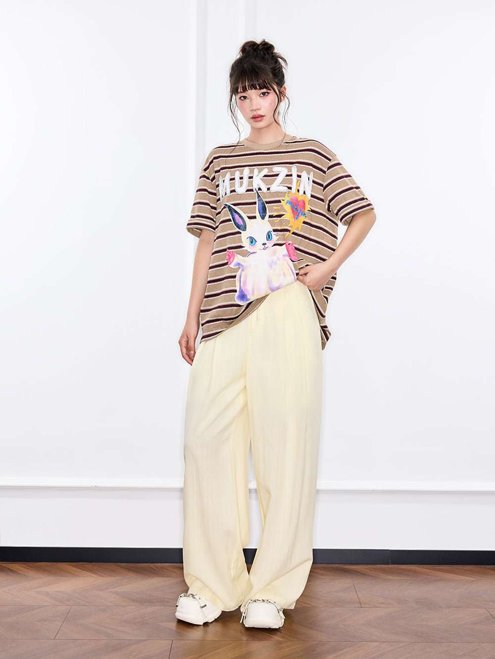 MUKZIN "Ode to the New Summer" Khaki Striped Cute Rabbit T - shirt