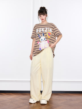 MUKZIN "Ode to the New Summer" Khaki Striped Cute Rabbit T - shirt