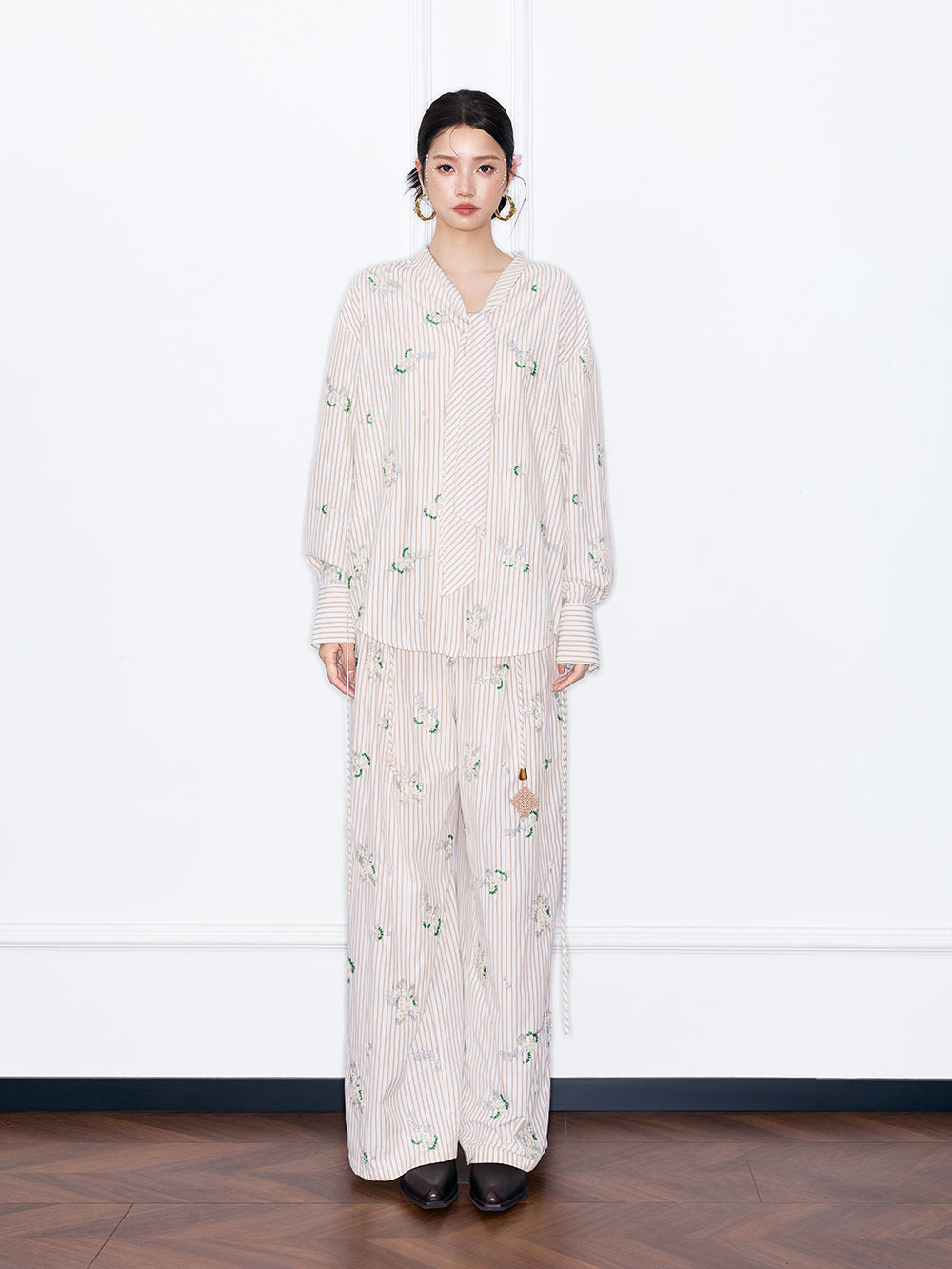 MUKZIN“Night Ballad of Chang'an”Striped Floral Embroidered Wide-Leg Pants | Oriental Tassel Tie-Waist Trousers