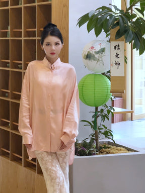 MUKZIN "Peach Blossoms Beam" Stand Collar Jacquard Shirt