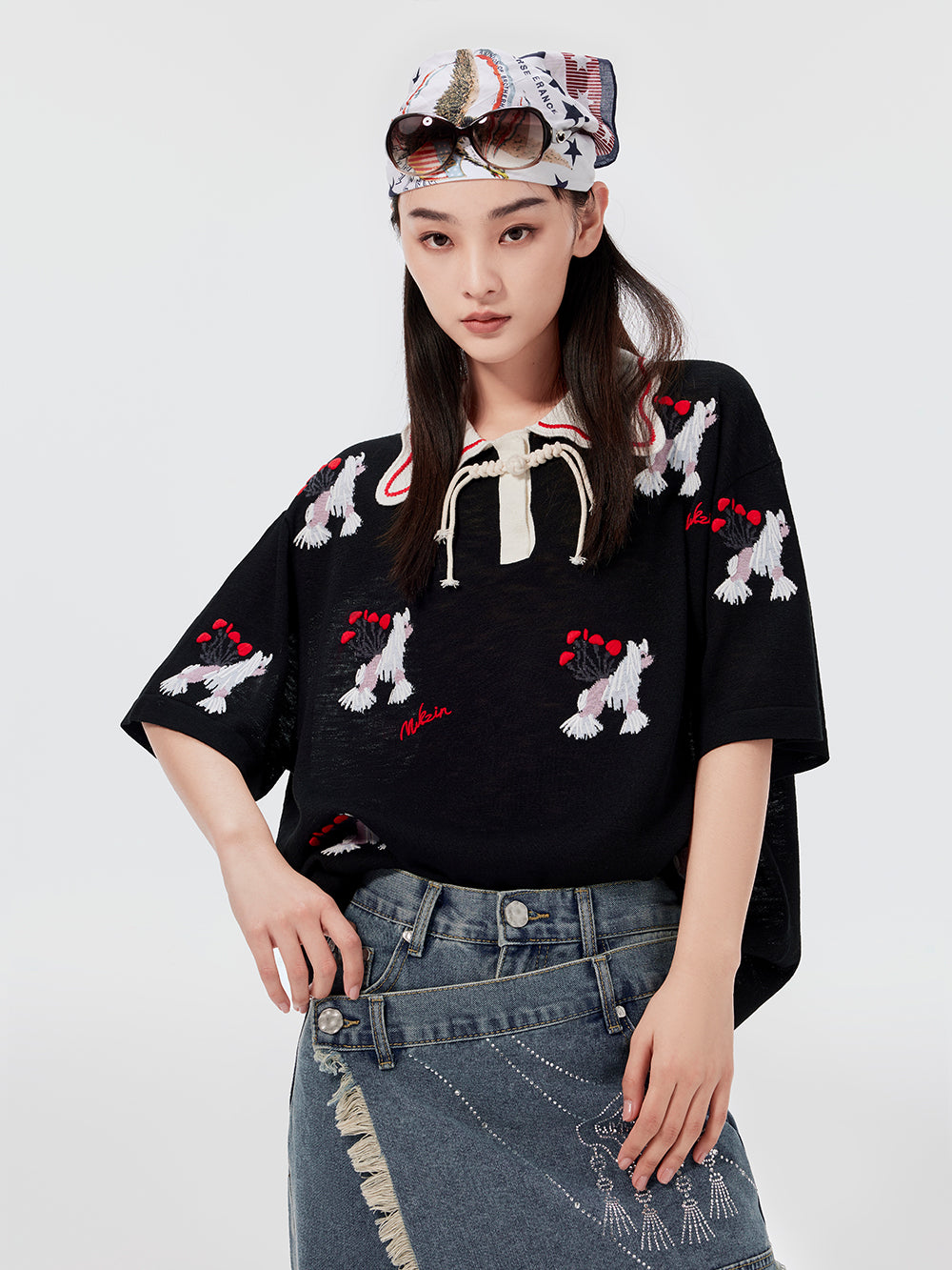 MUKZIN Fashionable Embroidered Doll Collar Knitted T-shirt