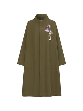 MUKZIN“Realm of Ethereal Mist”Olive Green Long Trench Coat with Floral Appliqué