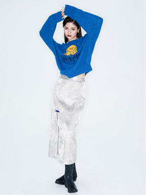 MUKZIN Linglong "Time Machine" Silhouette Crew Neck Cartoon Knit Blue Sweater