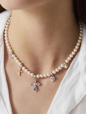 MUKTANK×SUN HUNTER Ornate lace cross pearl chain