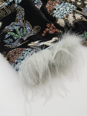 MUKZIN“Capsule Collection”"New Chinese Style Heavy Embroidery Velvet Padded Jacket with Feather Cuffs