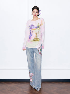 MUKZIN“Night Ballad of Chang'an”Grape & Goblet Watercolor Print Long Sleeve Top | Artistic Tie-Dye Tee