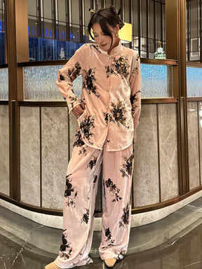 MUKZIN“Capsule Collection”Pink Floral Print Velvet Button-Down Shirt | Oriental Mandarin Collar Long Sleeve Blouse