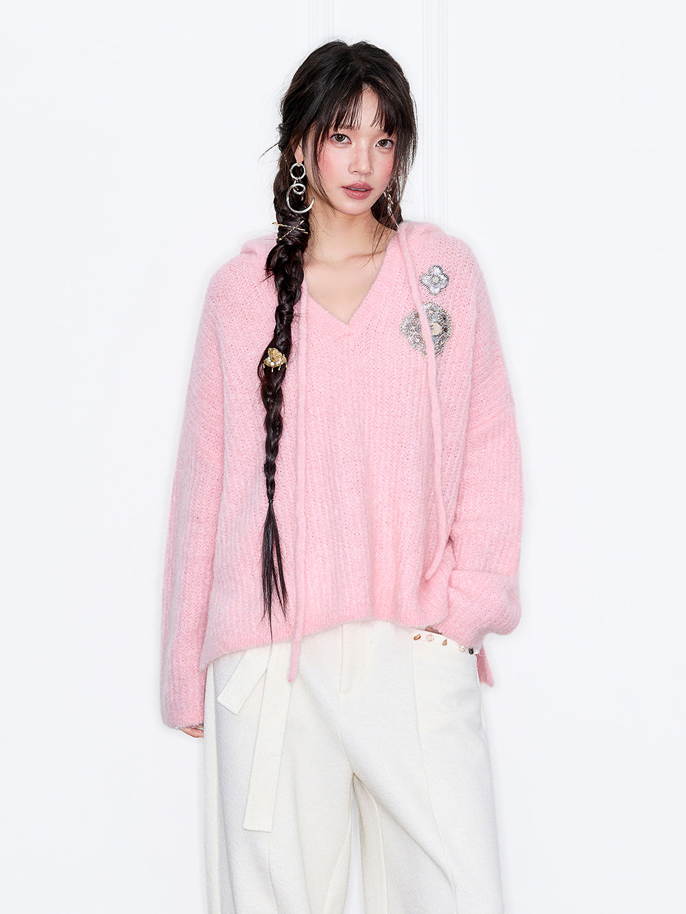 MUKZIN“Capsule Collection”Pink Mohair Loose V-Neck Sweater