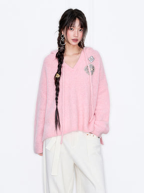 MUKZIN“Capsule Collection”Pink Mohair Loose V-Neck Sweater