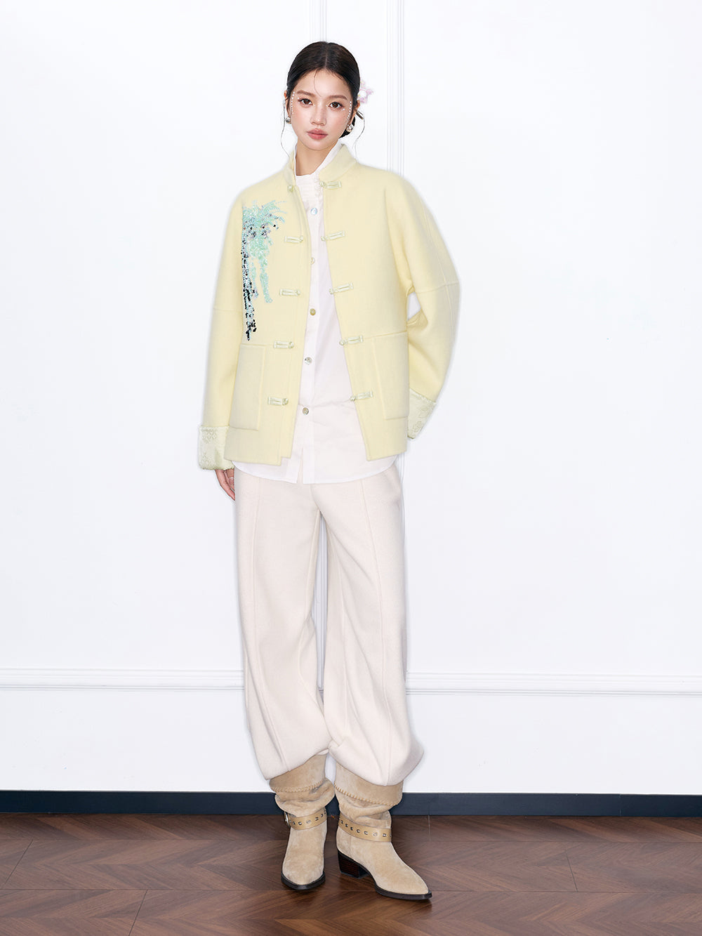 MUKZIN¡°Capsule Collection¡±Chinese Style Tang Suit Jacket, Embroidered Frog Button Wool Blend Coat for Women