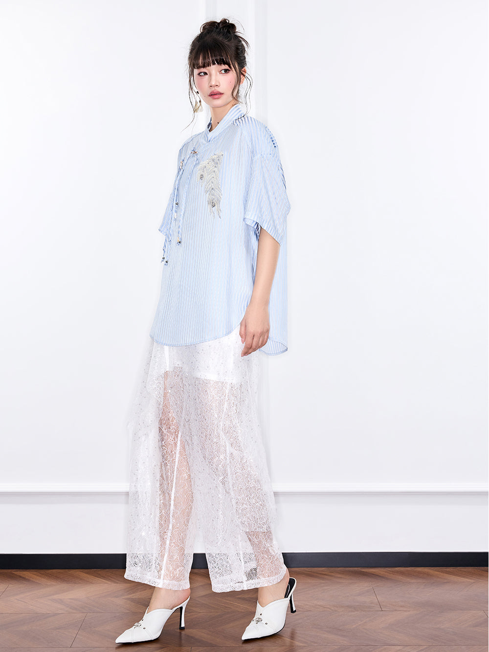 Mukzin "Ode To The New Summer"Elegant Blue And White Striped Chinese-Style Shirt