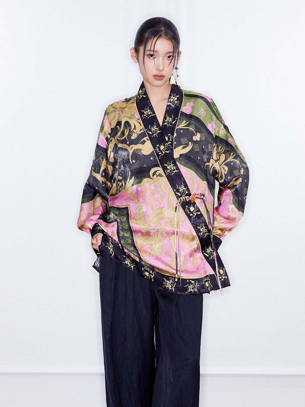 MUKZIN  Spring Prelude"Fu Su" Chinese-style Retro Loose Cross-collar Printed Shirt