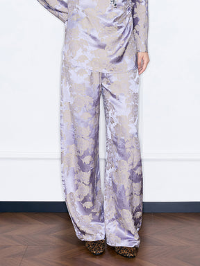 MUKZIN“Capsule Collection”Lavender Floral Jacquard Wide-Leg Pants | Oriental Satin Wide-Leg Trousers