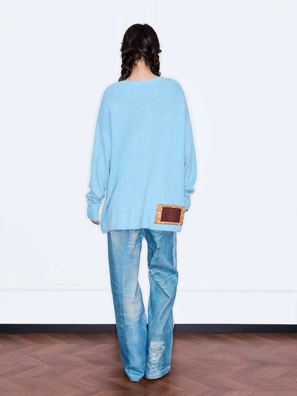MUKZIN“The Sequence of Deer's Call”Light Blue/Soft Pink Deer Pattern Oversized Fuzzy Knit Sweater