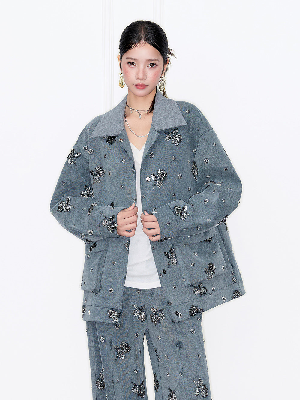 MUKZIN“Capsule Collection”Gray Rhinestone Embellished Oversized Casual Collar Heavy-Duty Jacket