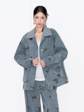 MUKZIN“Capsule Collection”Gray Rhinestone Embellished Oversized Casual Collar Heavy-Duty Jacket