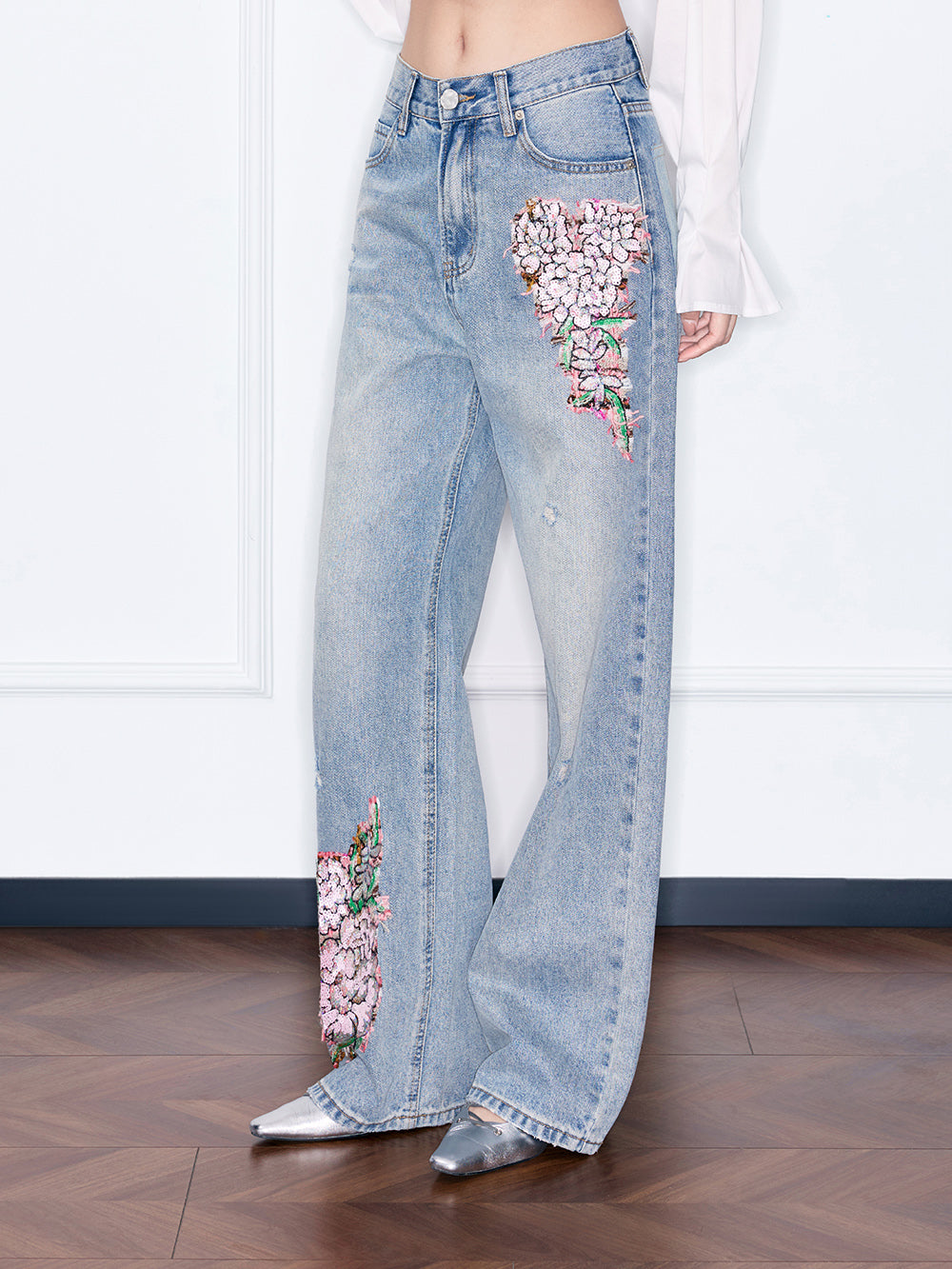 MUKZIN“Night Ballad of Chang'an”Floral Embroidered Wide-Leg Jeans | Distressed Vintage Denim Pants with Sequin Floral Appliques