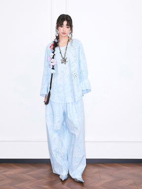 MUKZIN“Realm of Ethereal Mist”Light blue hollow-out wide-leg pants