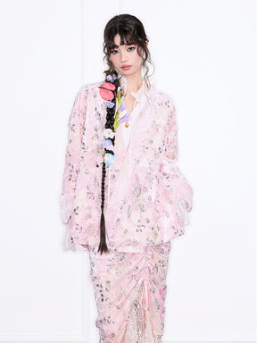 MUKZIN“Realm of Ethereal Mist”Pink Floral Jacquard Loose Cardigan