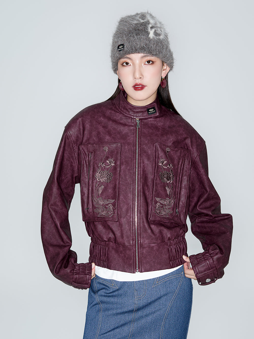 MUKZIN Linglong Wild Rose Vintage PU Motorcycle Jacket