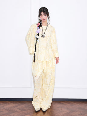 MUKZIN“Realm of Ethereal Mist”Light Yellow Floral Hollow - out Loose Top
