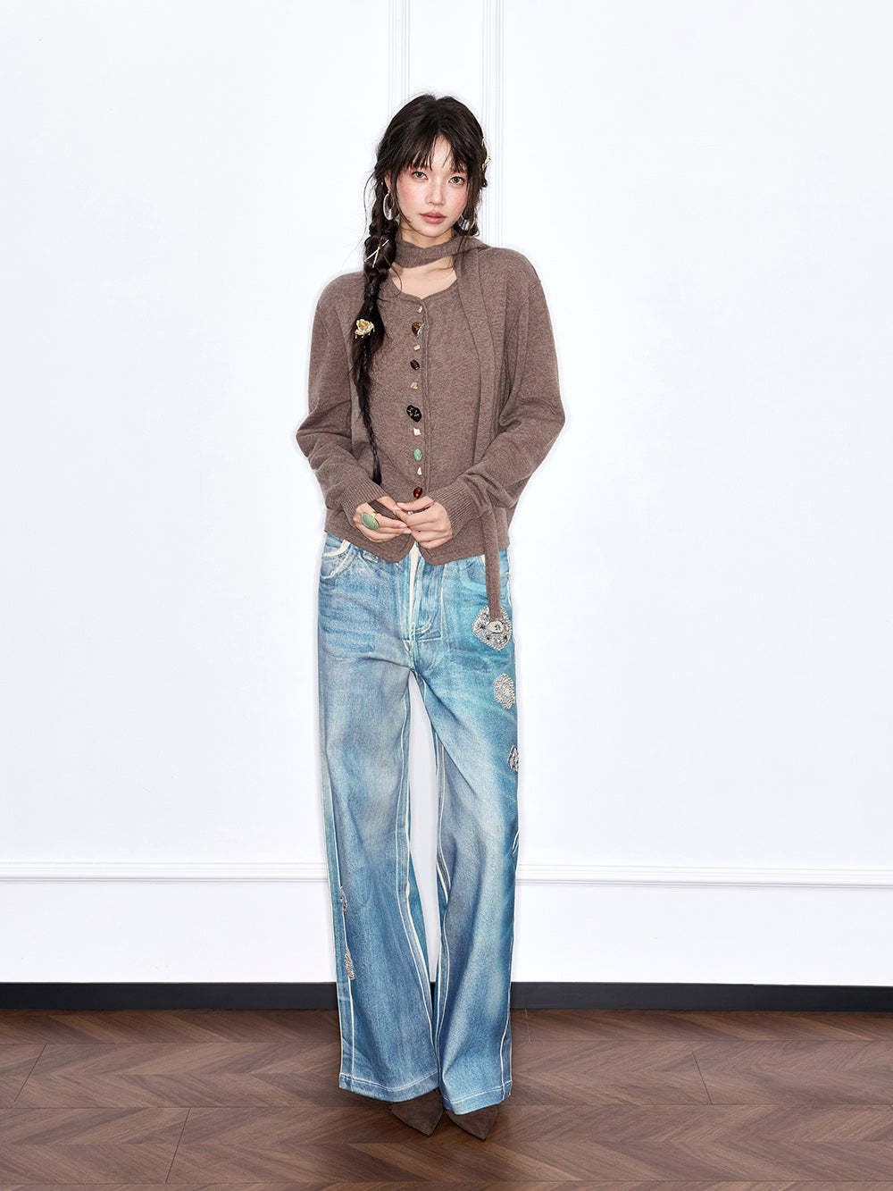 MUKZIN“The Sequence of Deer's Call”Coffee Color Halter Collar Colorful Button Decor Knit Cardigan