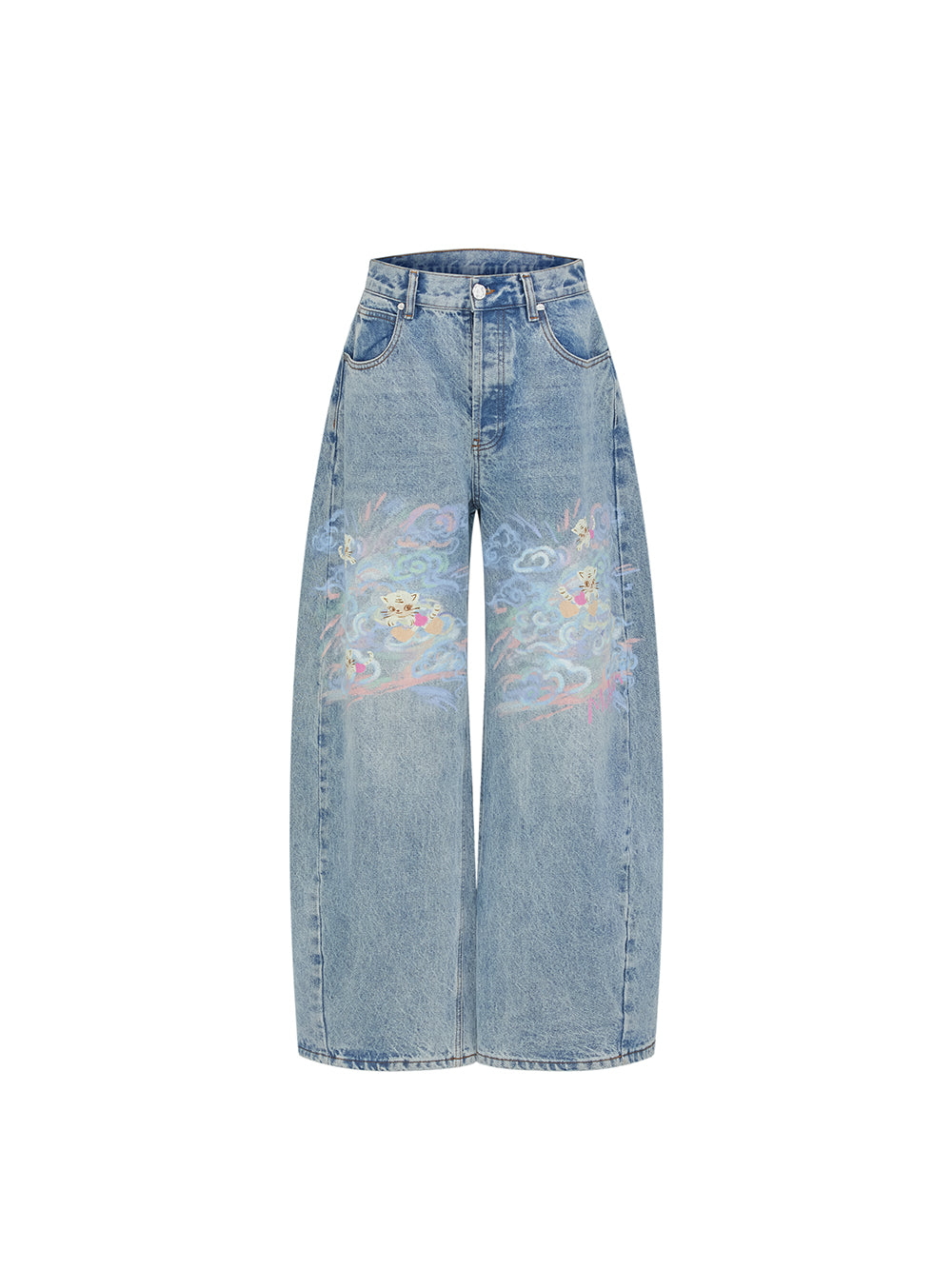 MUKZIN  SpringPrelude "Fortunate Tiger Soaring through Clouds" Washed Denim Curved - blade Pants