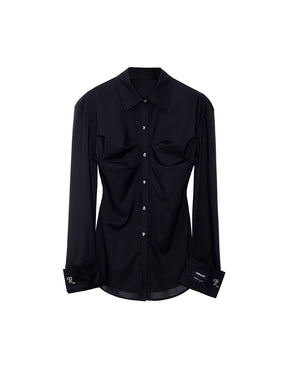 MUKTANK×MODULER Waist-Cinching Slim-Fit Turn-Down Sleeve Shirt in Black and White.