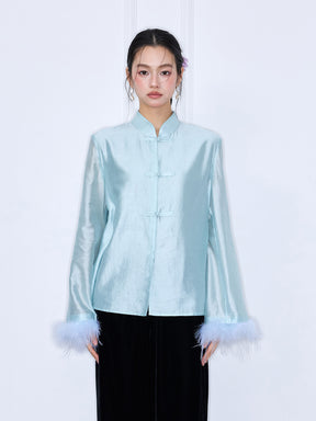 MUKZIN¡°Capsule Collection¡±Chinese Style Mandarin Collar Frog Button Blouse with Fur Cuff
