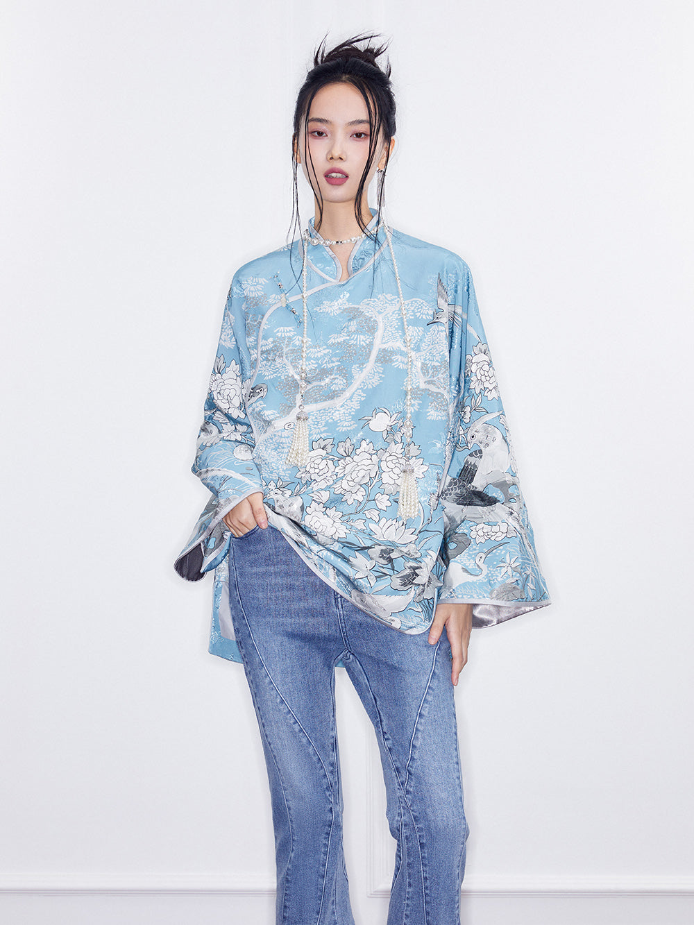 MUKZIN SpringPrelude Blue Cahe Loose Stand-up Collar Retro Chinese-style Cloak