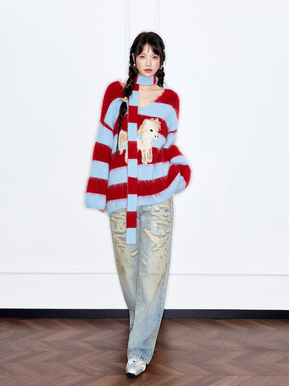 MUKZIN“The Sequence of Deer's Call”Red & Blue Striped Turtleneck Scarf Neck Pony Decor Sweet Cool Oversized Knit Sweater