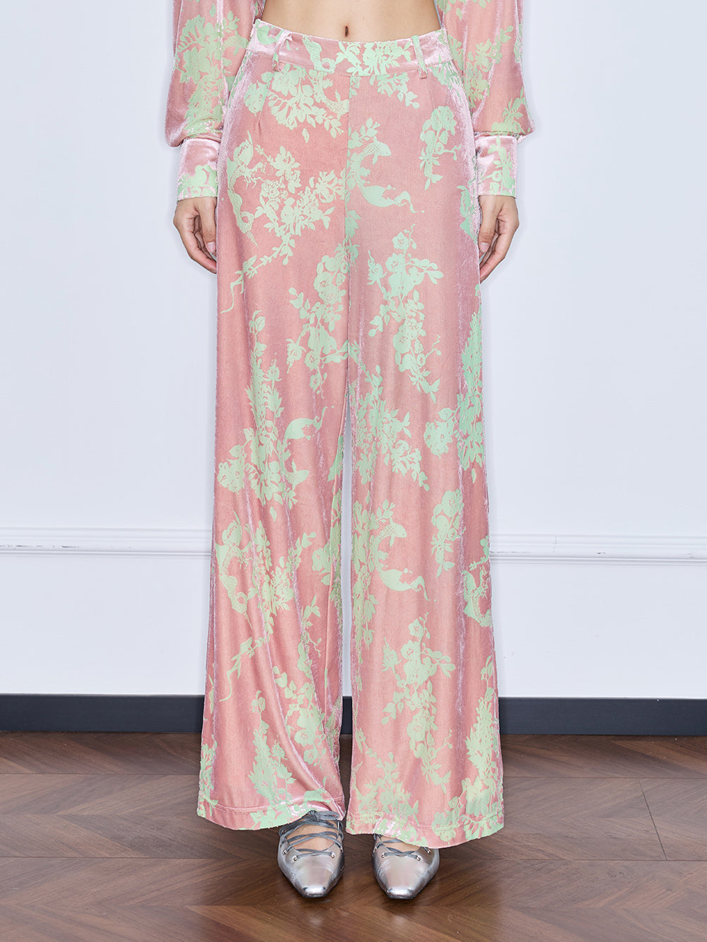 MUKZIN“Capsule Collection”Pink Velvet Chinese-Style Printed Wide-Leg Pants