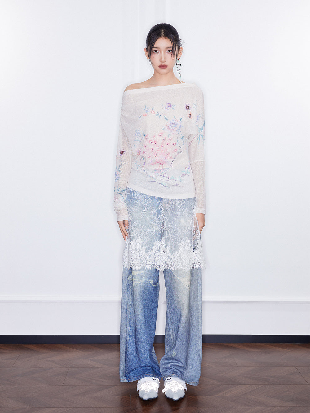 MUKZIN SpringPrelude “Joy of Sparrows” Asymmetric - shoulder Slim - fit Chinese - style Printed Undershirt