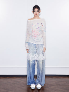 MUKZIN  SpringPrelude "Joy of Sparrows" Asymmetric - shoulder Slim - fit Chinese - style Printed Undershirt